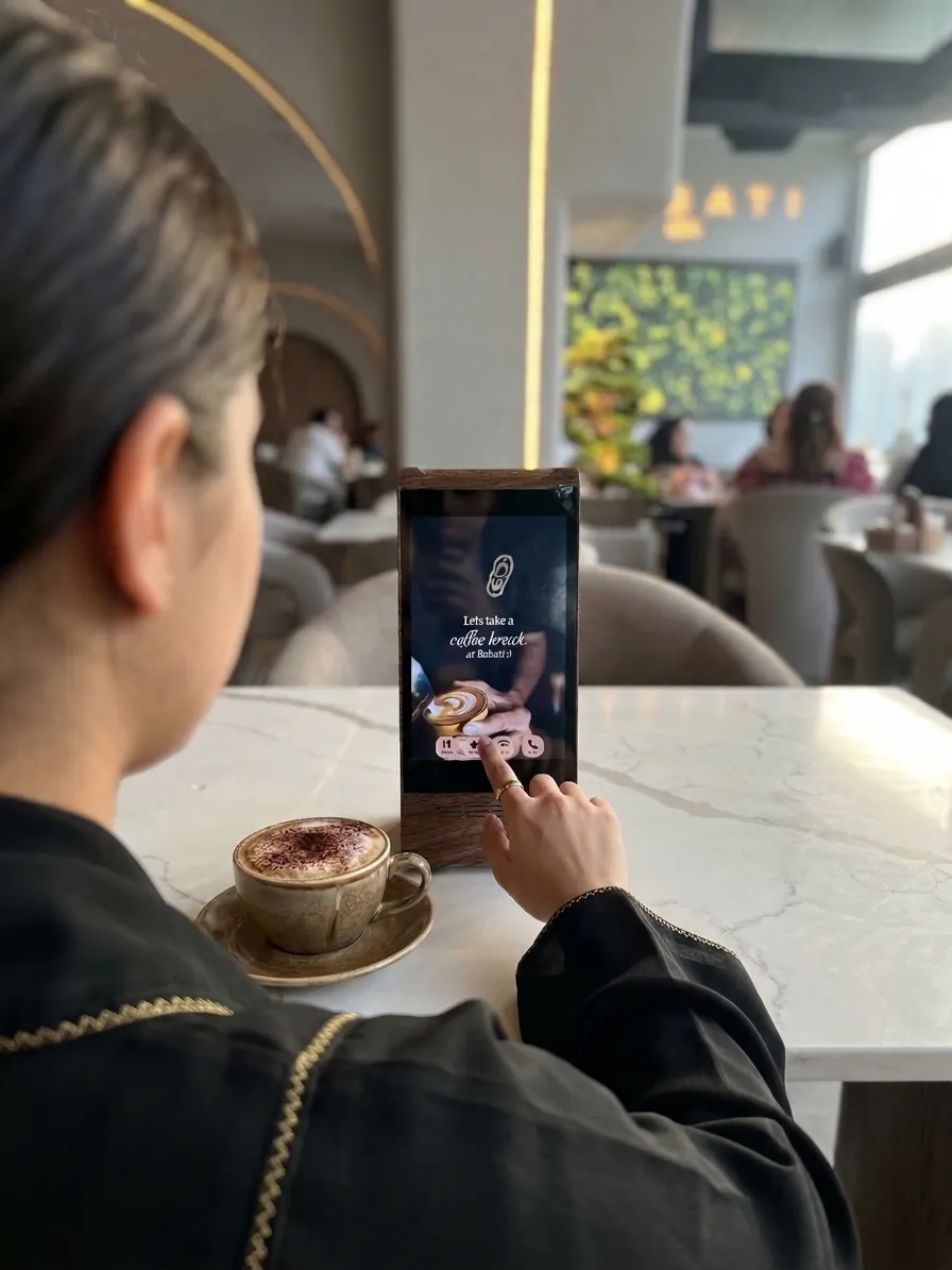 A guest taps the AYC Frame at the table