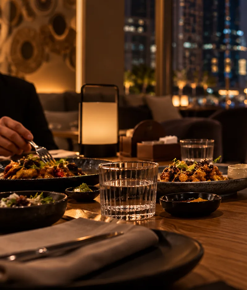 Dinner at a Dubai restaurant table, the city lit up outside